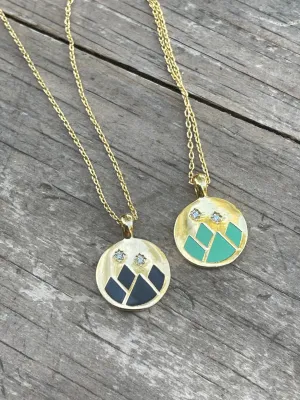 Dainty Mountain Coin Disc Pendant Necklace- BLACK and gold