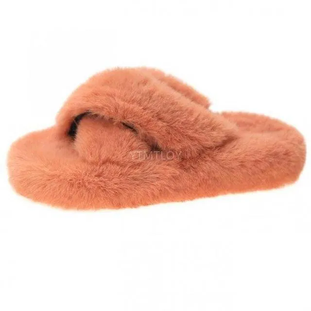 Fluffy Raccoon Fur Slippers Shoes Women Real Fox Fur Flip Flop Flat Furry Fur Slides Outdoor Sandals