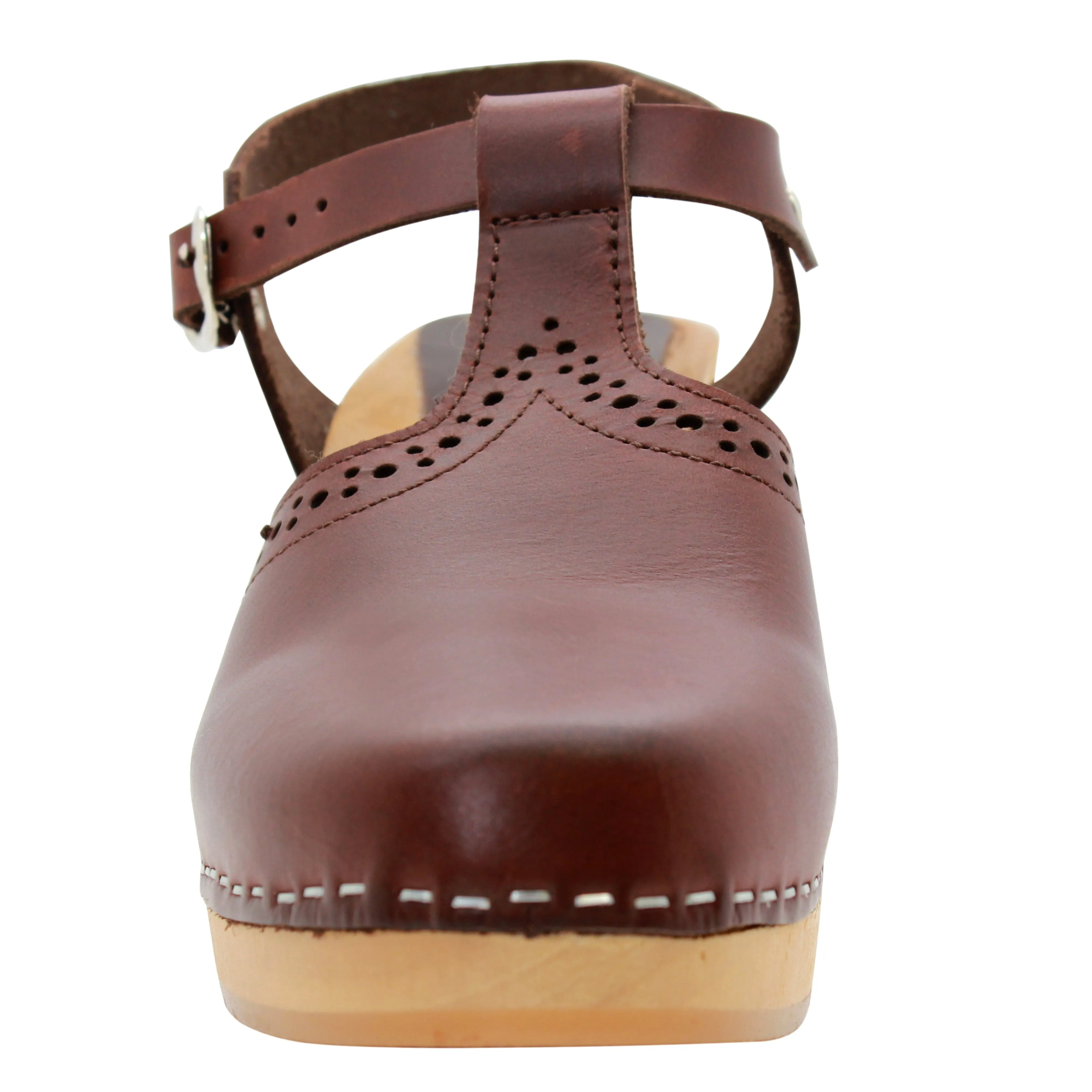 KLÄGN ANNELI Swedish Wooden Clogs in Brown Leather - CLOSEOUT